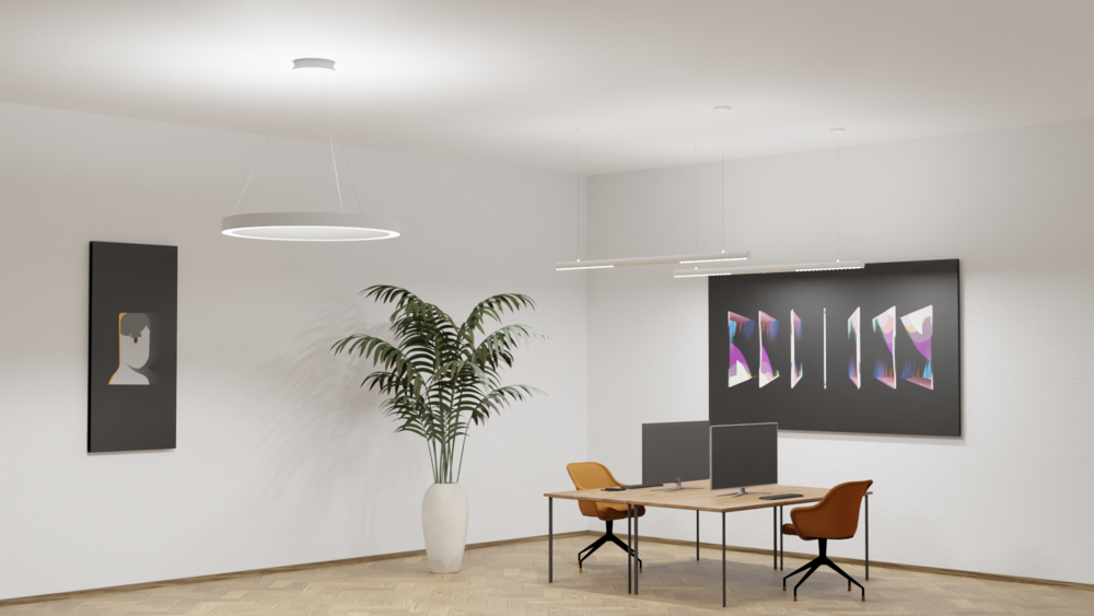 Sistema de iluminación conforme a la normativa y con un incremento de 2 niveles en la escala de iluminancia de acuerdo con los modificadores de contexto, que proporciona un efecto melanópico para observadores de 32 años de edad. 