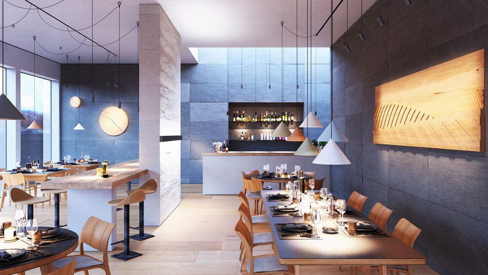 Una scena di effetto luminoso e bianco. Lo si ottiene accentuando il cemento con una tonalità di luce più fredda. L’ambiente risulta ideale per una colazione o un brunch, incoraggiando gli ospiti a sentirsi attivi e svegli.
