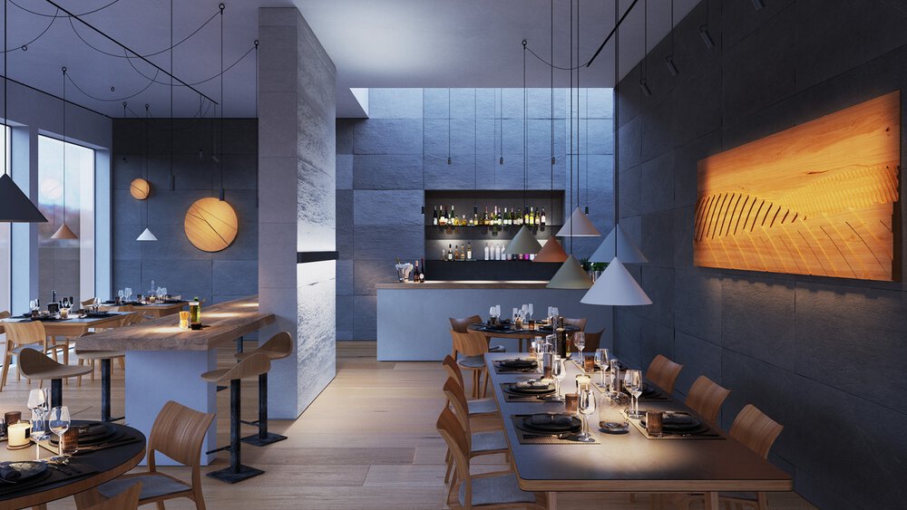 Questa scena mostra le possibilità offerte dagli apparecchi d’illuminazione tunable. Come suggerisce il nome, risulta ideale per un pasto durante il giorno. Miscelare le temperature di colore è una tendenza attuale nel lighting design.